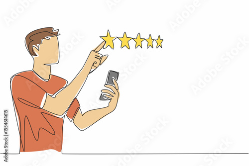 Continuous one line drawing man holds smartphone and other hand points to 1 star out of 5 stars. Honest evaluation based on experience. Write a Review Day. Single line draw design vector illustration