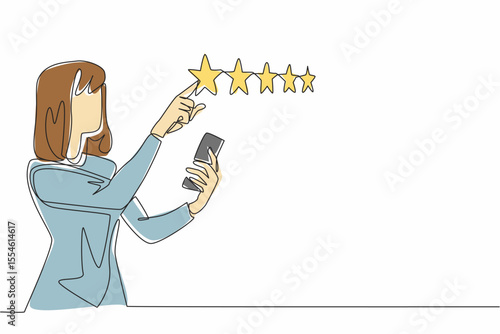 Single one line drawing woman holding smartphone and other hand pointing to 1 star out of 5 stars. Give the best rating. Best service. Write a Review Day. Continuous line design graphic illustration