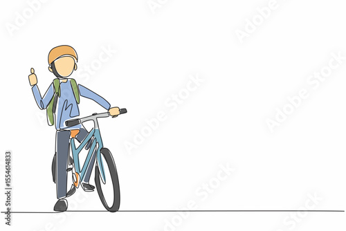 Single continuous line drawing a boy stands on bicycle with one hand forms thumbs up gesture. Always start the morning with enthusiasm. National Bike to School Day. One line design vector illustration