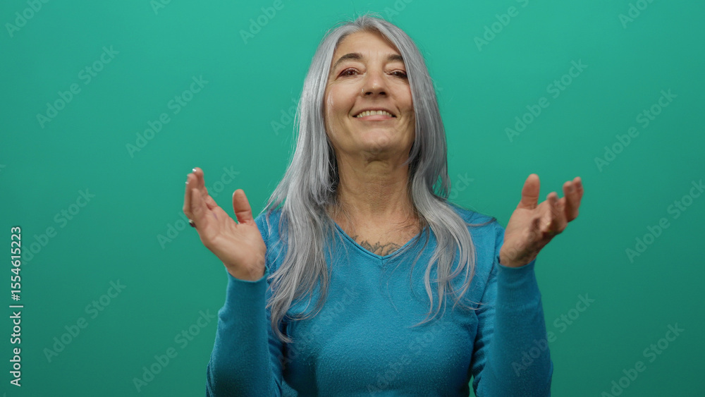 Fototapeta premium Senior woman with grey hair clapping against an isolated green background wall, smiling warmly in a casual blue outfit, suggesting joy and appreciation.