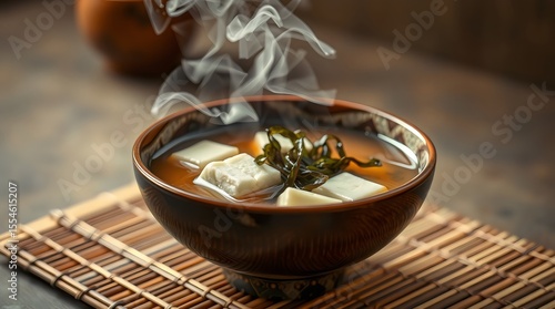 Steaming bowl of miso soup with tofu and seaweed on a bamboo mat