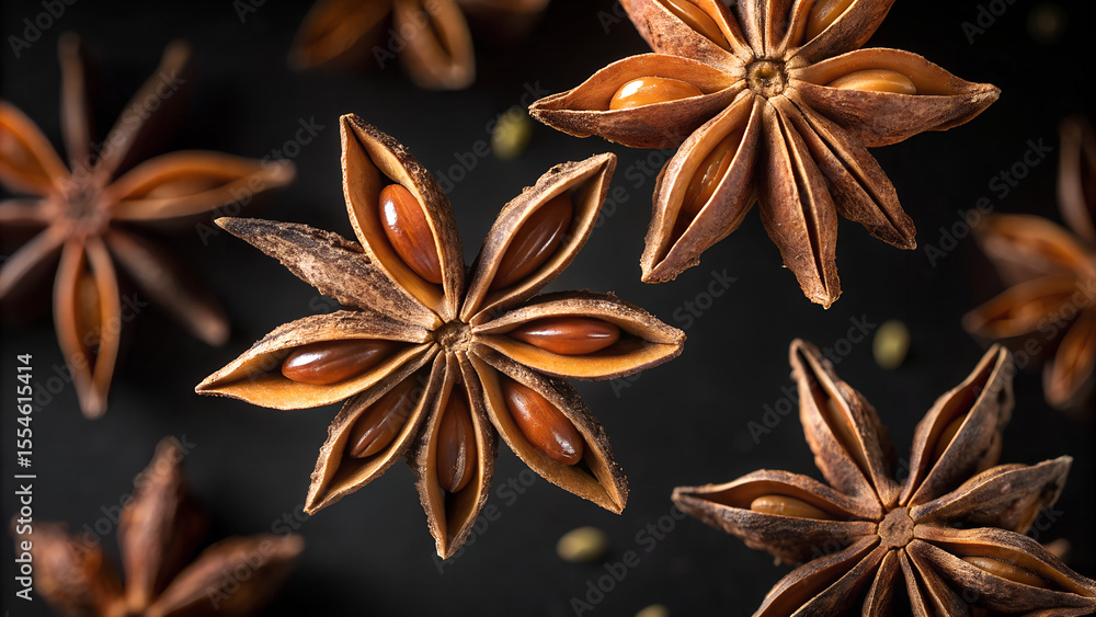 Fototapeta premium Aromatic star anise spices arranged against a dark background showcase their intricate star shape and rich brown color