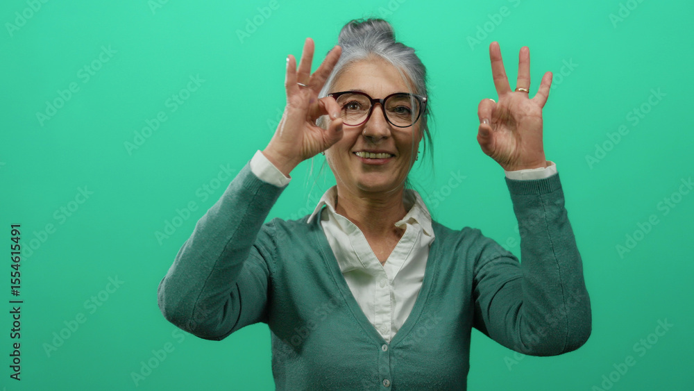 Senior woman with grey hair smiling confidently while making an ok gesture, standing against a vibrant green background wall, representing positivity and assurance. Senior woman with grey hair smiling confidently while making an ok gesture, standing against a vibrant green background wall, representing positivity and assurance.