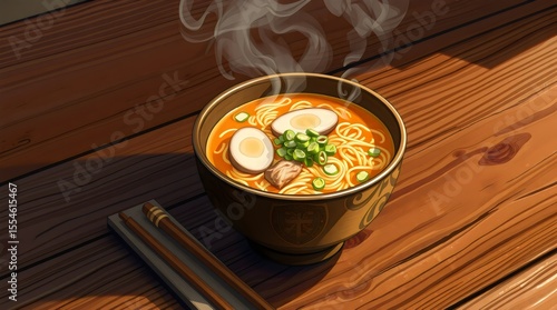 Hot bowl of steaming chicken ramen on a wooden table