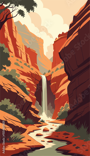 Scenic Desert Canyon with Tall Waterfall View