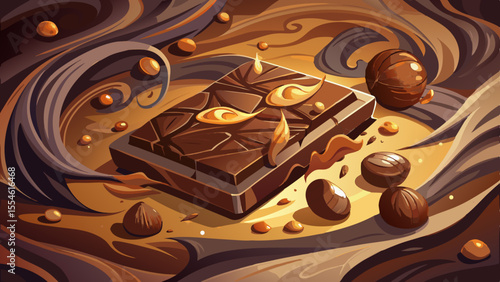 A glossy slab of dark chocolate rests on a stone surface, its corners slightly melting under soft golden light. Cocoa powder is scattered artistically around, with rich swirls of melted chocolate form