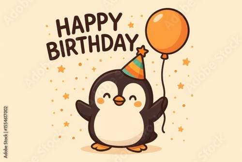 Cute penguin holding balloon and wearing party hat for birthday