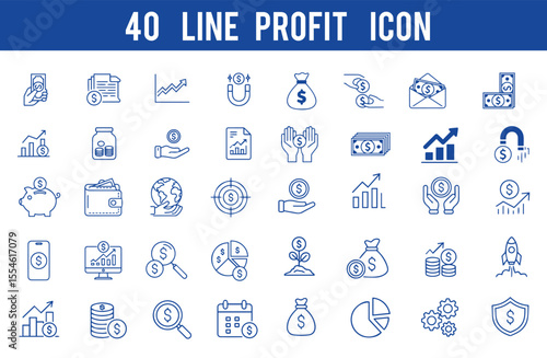 40 line Financial profit  icon set. Containing  earnings, money, cash , income, money savings, ,investment, financial growth and more. Editable stroke. Vector illustration