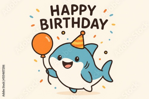 Cartoon shark wearing party hat and holding balloon for birthday