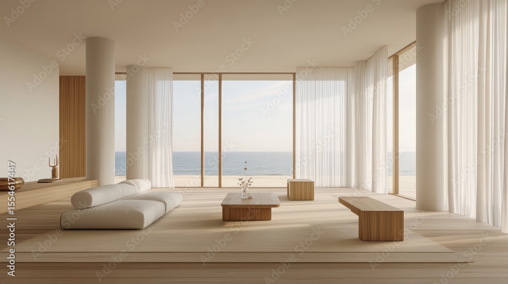 Obraz premium Minimalist living room with ocean views.