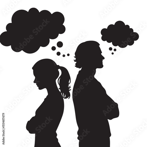 Husband wife thinking a fight vector silhouette