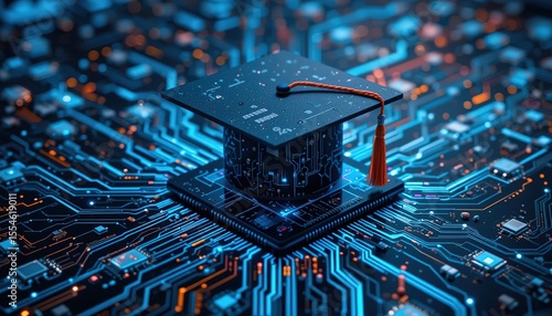 Graduation cap top on circuit board education tech integration. Modern concept for learning innovation, future career, smart technology. Digital transformation, online learning,  8k resolution