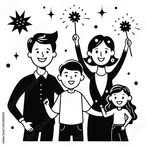 Happy Family Holding Sparkler Fireworks Celebration Black White Illustration sparklers