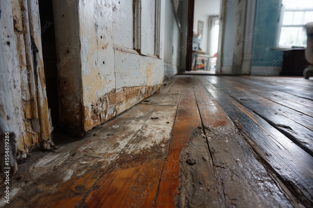 In an old house, the water damage is clear on the wood around the floor. The paint is peeling and the wood is showing. Dust and dirt are in the corners. It needs fixing. In an old house, the water damage is clear on the wood around the floor. The paint is peeling and the wood is showing. Dust and dirt are in the corners. It needs fixing.