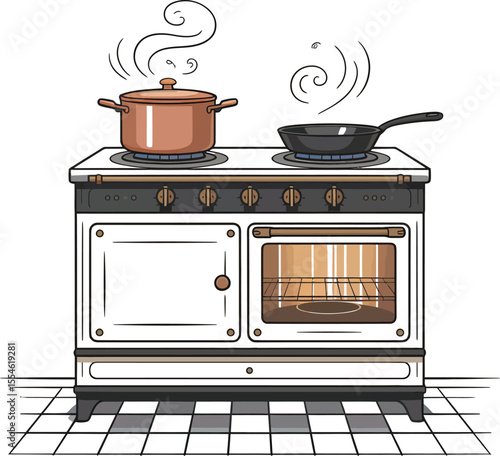 Vector Vintage Kitchen Stove: Cooking Appliance with Pots - Retro Culinary Graphic.