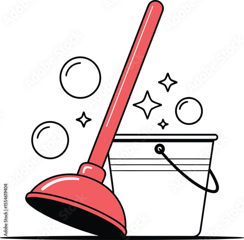Vector Cleaning Tools: Plunger & Bucket for Hygiene - Home Maintenance Graphic Icon.