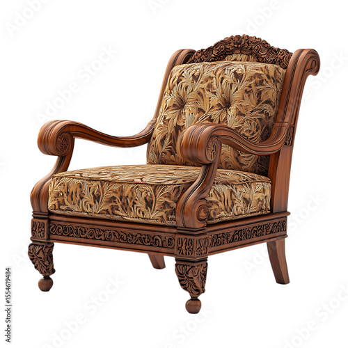 Elegant Carved Wood Armchair Luxury Furniture Detail On Transparent Background