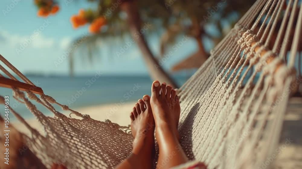 pies y piernas de mujer meciendose en una hamaca tejida a mano de color beige, sobre fondo de palmera y playa tropical. Concepto vacaciones de verano