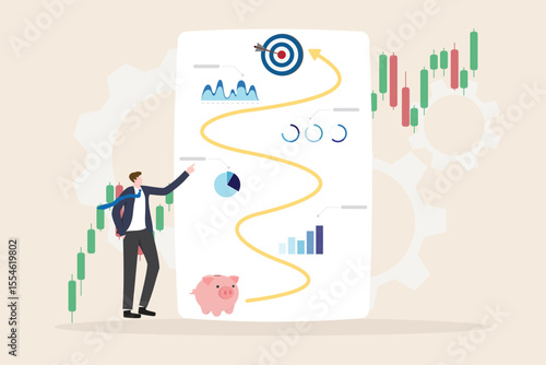 Strategy or Data analysis planning for high return investment concept. Saving money for retirement, Financial and money management, risk management for growth earning flat vector illustration.