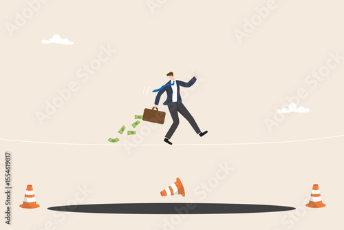 High risk high return concept. Financial and Money management investment. Volatility in stock or cryptocurrency market. Businessman walk on tightrope across hole flat vector illustration.