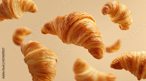 Golden, flaky croissants floats against a warm background.