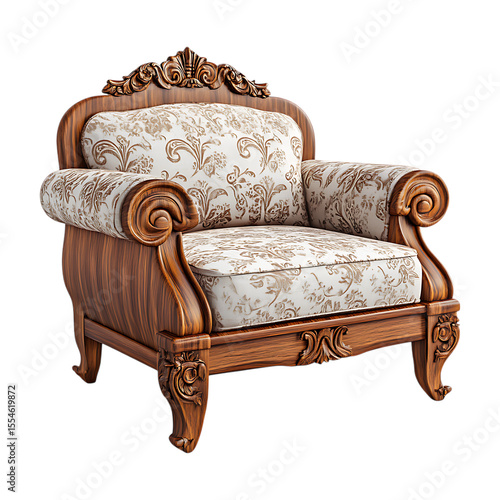 Elegant Antique Armchair Rich Wood  Floral Upholstery On Transparent Background