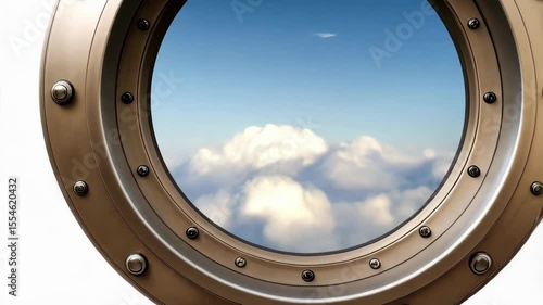 Portholes arrangement featuring silver and bronze metallic frames reflecting a sky and clouds on a clean white background.