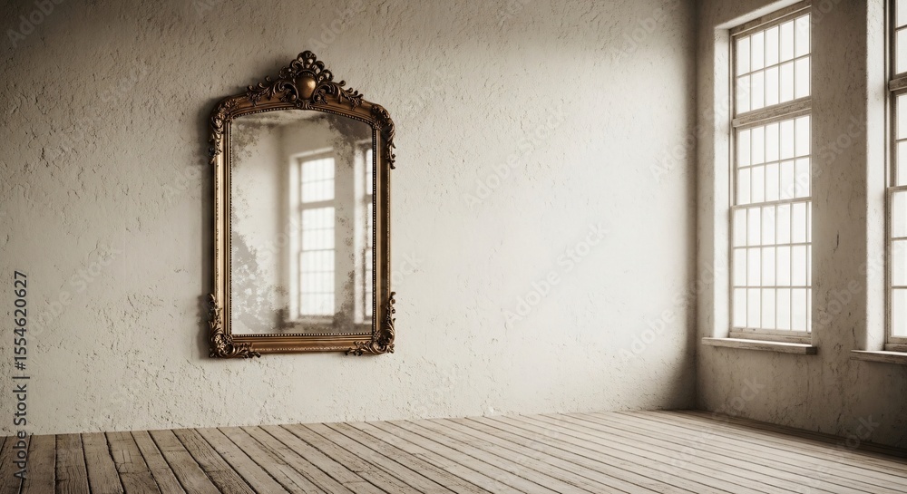 Ornate gold framed mirror on a textured wall in an empty room with wooden floors and large windows Ornate gold framed mirror on a textured wall in an empty room with wooden floors and large windows