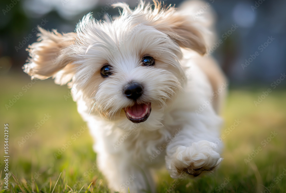 A cute and fluffy white Havanese puppy running on the grass, with its head tilted back in playfulness. A cute and fluffy white Havanese puppy running on the grass, with its head tilted back in playfulness.