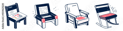 Set of illustrated chairs in various styles and designs for decoration  