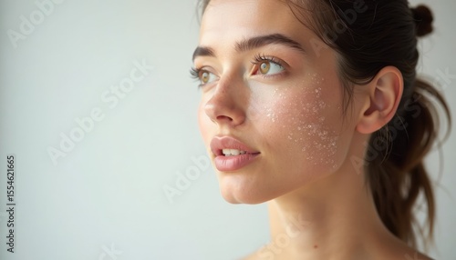 Close-up portrait of a woman with skin imperfections.