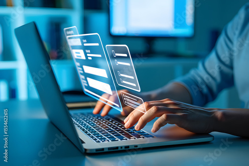 Person using laptop, online form, digital interface, futuristic, blue tone, modern technology, data entry, night scene, professional, efficient workflow.