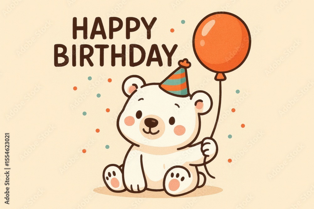 Cute Polar Bear Celebrating Birthday with Balloons and Happy Birthday Text Cute Polar Bear Celebrating Birthday with Balloons and Happy Birthday Text