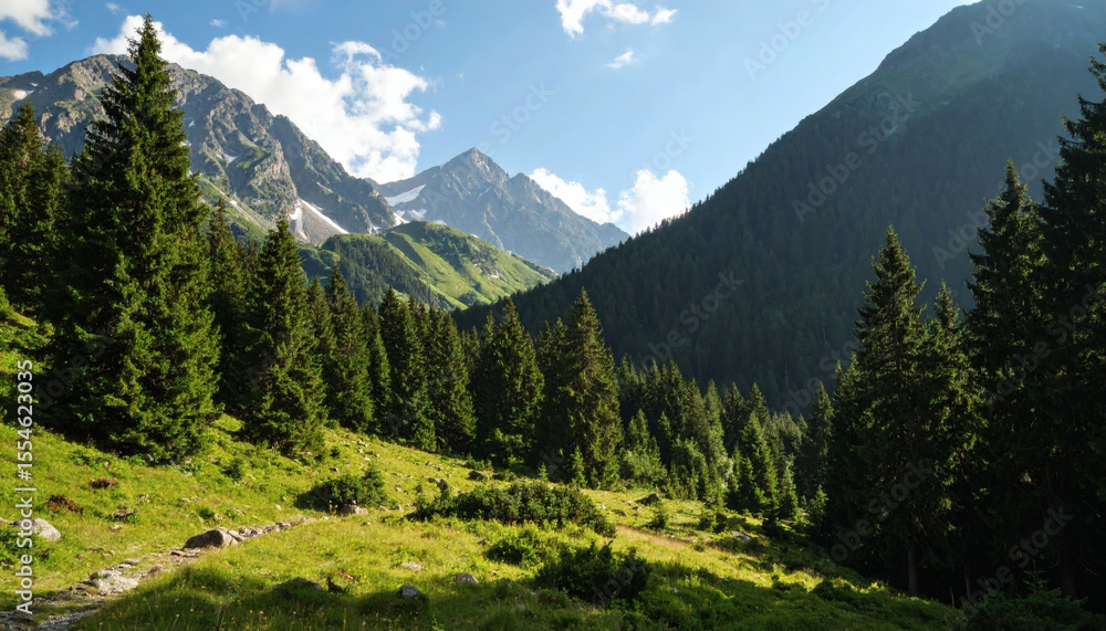 Fototapeta premium Scenic Mountain Landscape with Pine Trees under Bright Blue Sky