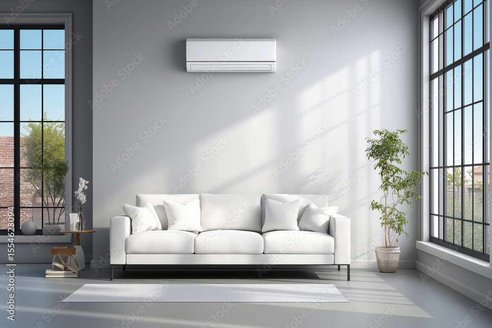 Fototapeta premium Modern living room interior with a sleek wall-mounted air conditioner above a minimalist white sofa.