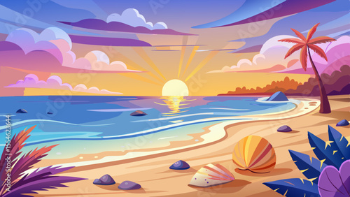 Gentle waves kiss the golden sand as the sun begins to rise over a calm sea. Seashells and driftwood are scattered along the shoreline, while soft light reflects across the water. Palm shadows stretch