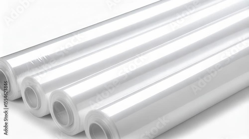 Several rolls of clear glossy plastic wrapping material arranged diagonally against a white backdrop in a studio setting.