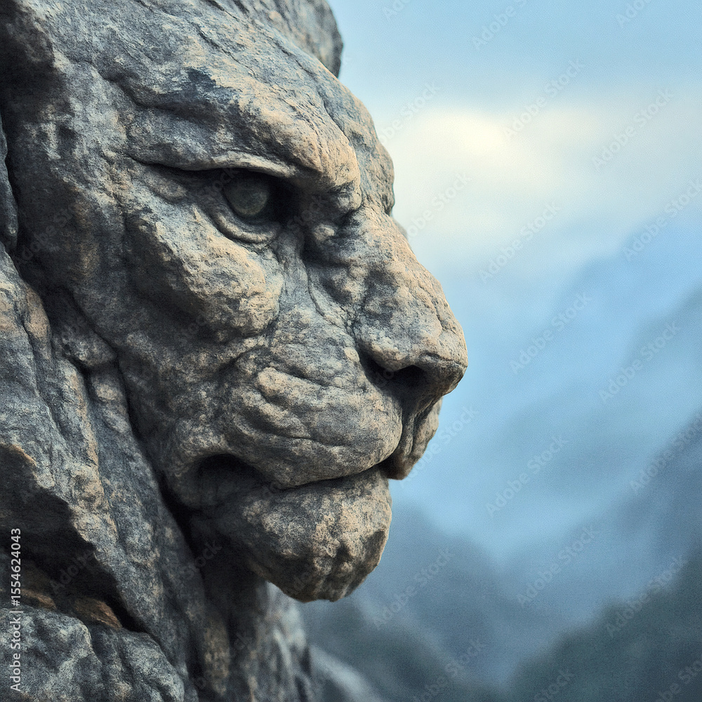 Obraz premium Majestic Lion's Gaze in Stone – Rugged Rock Face Resembling a Fierce Lion's Eye & Brow, Moody Ambient Light, Misty Mountain Backdrop, Eternal Vigilance Theme, Wildlife & Nature