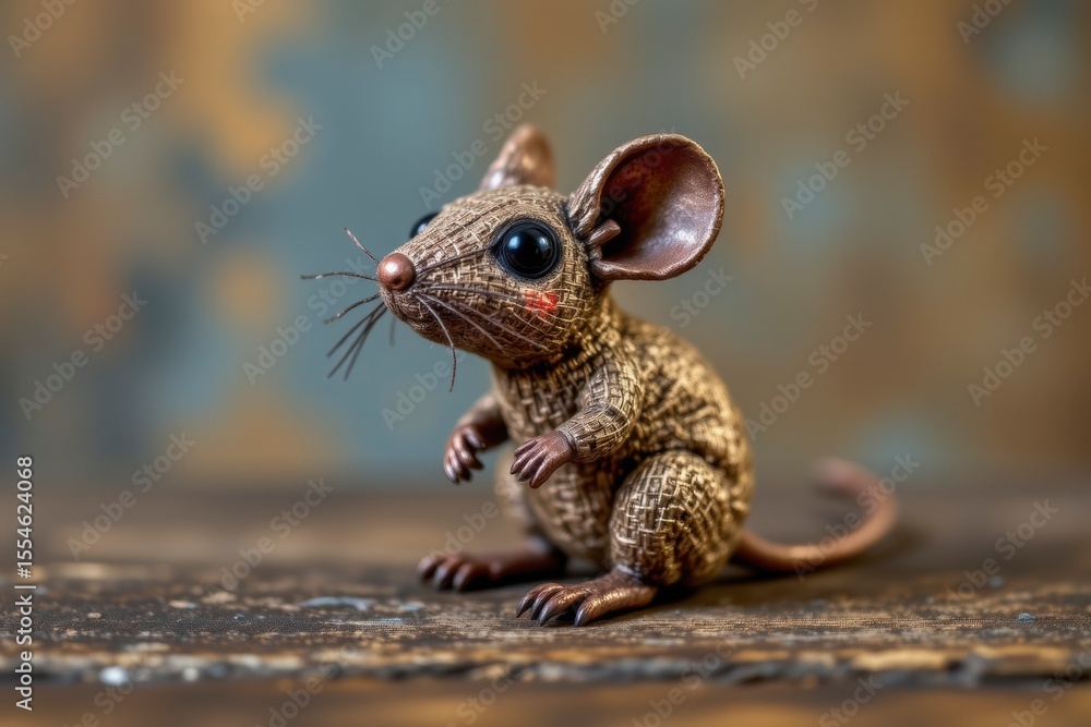 Obraz premium Closeup of a Small Bronze Mouse Figurine on Wooden Surface