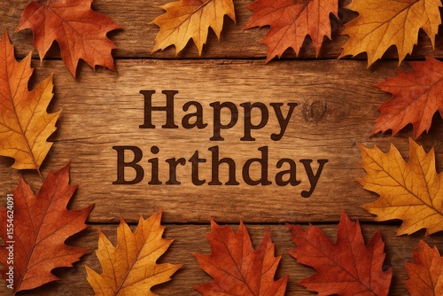 Rustic Autumn Birthday Card with Wooden Background and Happy Birthday Message