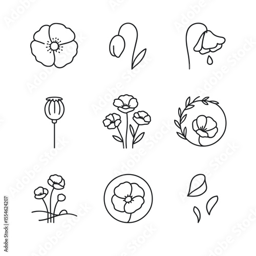 Floral vector icon set isolated in line art style on white background  
