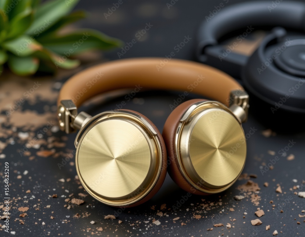 Fototapeta premium Tan and Gold Headphones on Dark Background
