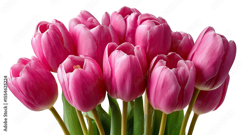 Naklejka premium Vibrant Pink Tulips: A cluster of stunning pink tulips bursts with life and color, their delicate petals beautifully displayed in a bright and airy setting.