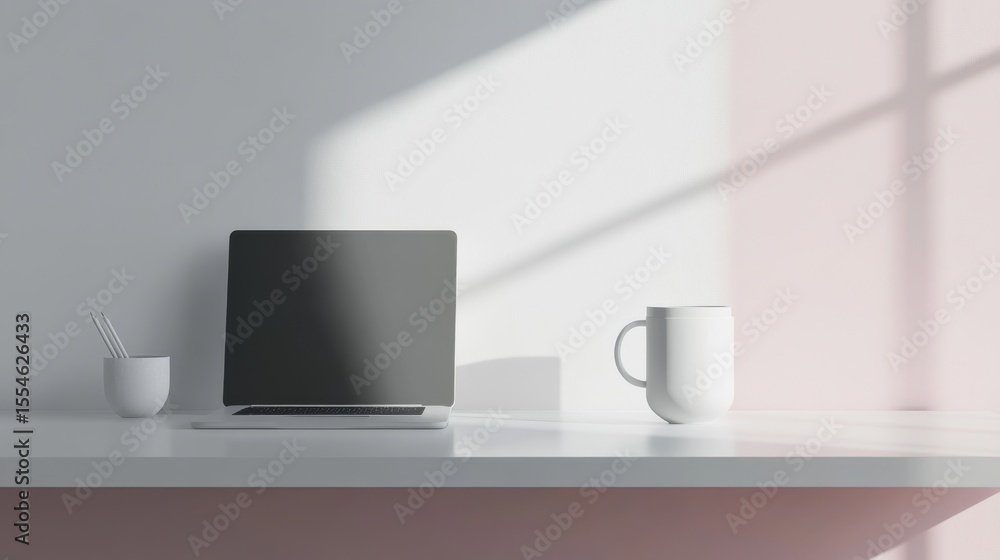 A minimalist workspace with a laptop and coffee cup on a white background A minimalist workspace with a laptop and coffee cup on a white background