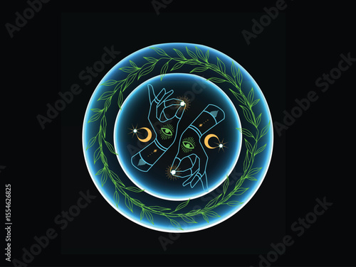 Mystic Hand Gesture with Celestial Elements and Leafy Wreath - Glowing Neon Vector Art