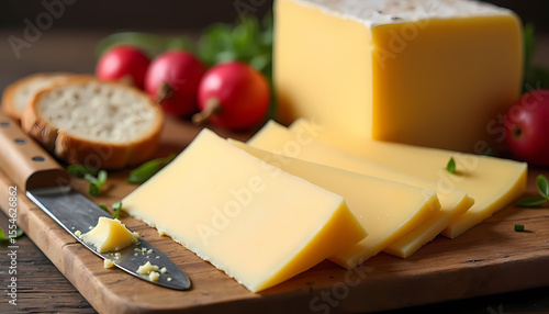 Rustic Wooden Cheese Board Display with Sliced Cheddar, Fontina Cheese and Artisan Bread for Appetizer Preparation, Featuring Cheese Knife, Red Radishes, Organic Ingredients from Local Dairy Farm