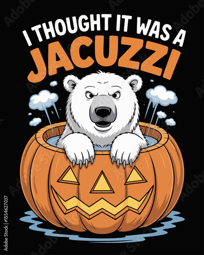Funny Halloween polar bear trapped in pumpkin thinking it’s a jacuzzi, captioned “I Thought It Was a Jacuzzi!” – silly and relatable spooky holiday humor with Arctic charm.