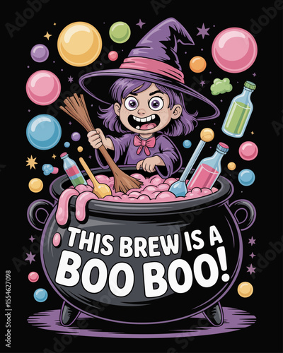 Kid witch stirring chaotic cauldron of bubblegum and soda, captioned “This Brew is a Boo Boo!” – playful Halloween disaster theme full of color, candy, and witchy mishaps.