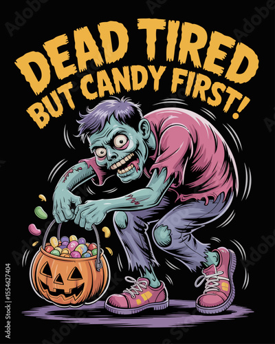 Tripping zombie with shoelace fail and candy mess, captioned “Dead Tired but Candy First!” – comic-style Halloween image full of energetic undead clumsiness.