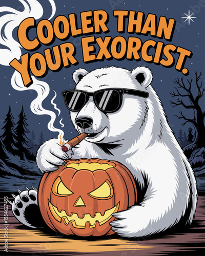 Stylish Halloween polar bear with cigar lighting jack-o’-lantern, wearing sunglasses, captioned “Cooler Than Your Exorcist.” – humorous Halloween design for party lovers and spooky fashion enthusiasts
